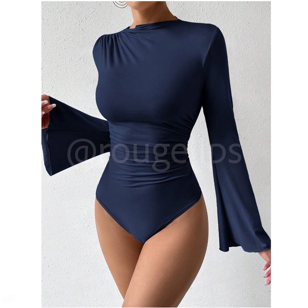 Navy Blue Ruched Asymmetrical Long Bell Sleeve Bodysuit